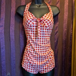 Red Gingham Halter Shorts Romper Swim 👙 Retro Rockabilly Pitt Picnic Car Show M